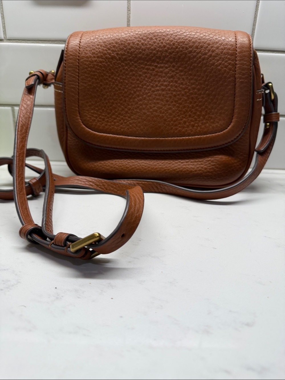 J. Crew Pebbled Leather Saddle Crossbody in Cognac Brown